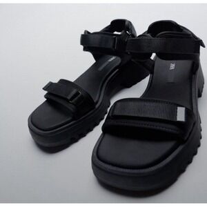 Zara Black Sporty Platform Sandals Womens Size 41 Chunky Strappy Hook Loop Lug